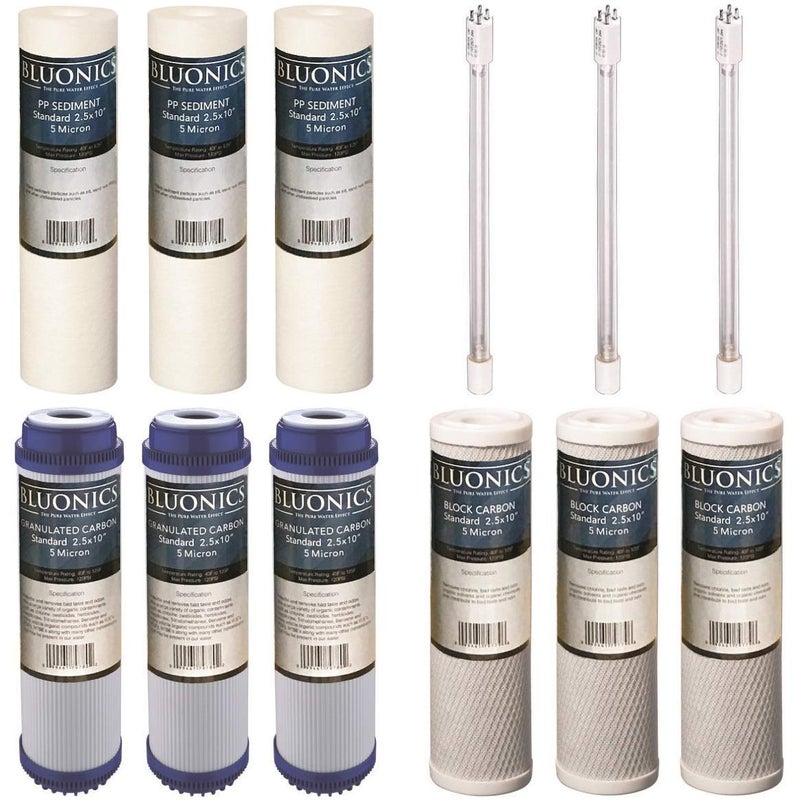 BLUONICS 12 pc Replacement Water Filter Set for Our 4 Stage UV Under Sink Filter System. Sediment Carbon Block GAC UV Bulb - Image 1